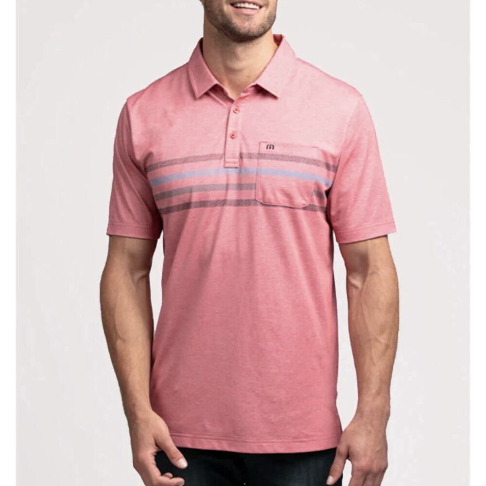 Travis Mathews Men’s Choma Polo Size XL Red Striped Design Logo Golf Sporty